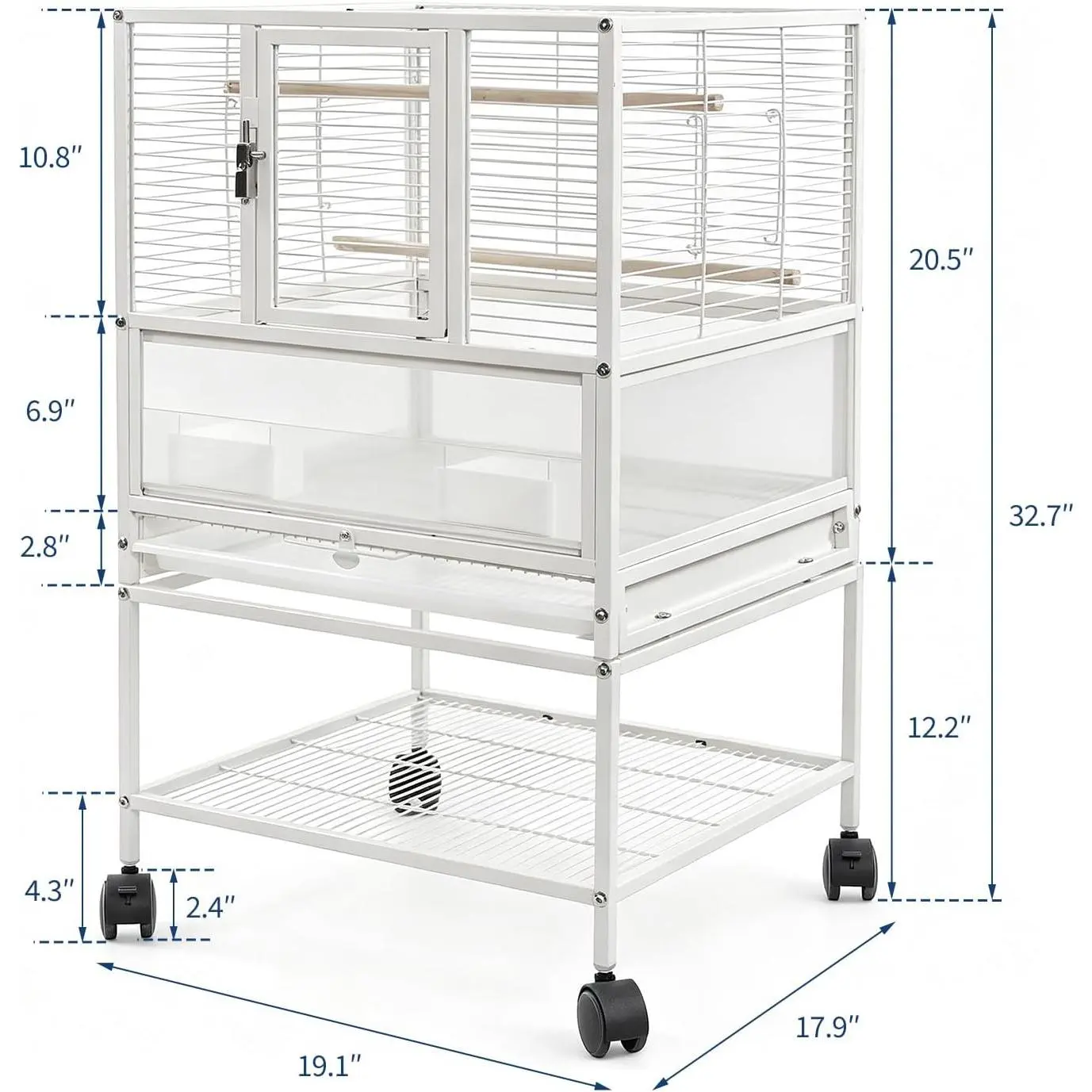 32"H Premium Wrought Iron 2 In 1 Bird Cage with Stand, Rolling Carrier for Parakeets, Storage Shelves, Flexible Rolling & Locking Casters, Hygienic Living Design Habitat
