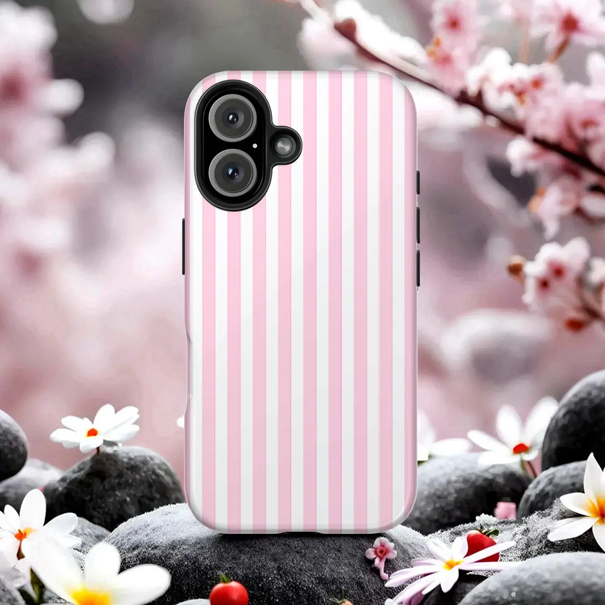 Pink vertical stripe Pattern Glossy Double Layer Phone Cases For iPhone 16/15/14/13/12/11/ProMax/Pro/Plus For Samsung Galaxy S21-S25/FE/Ultra Fashion Girly Unique Women Men Case PC+TPU Shockproof Durable Anti-Drop Protective Design Casing Cover