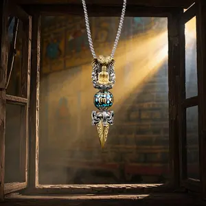 Buddha Stones Tibetan Om Mani Padme Hum Buddha Wealth Rotation Necklace Vajra Pendant - Six True Words 'Om Mani Padme Hum Crystal