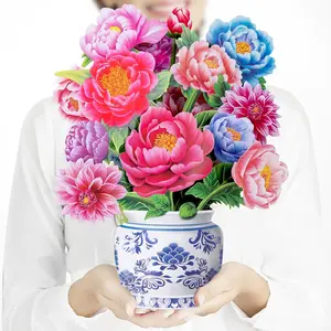 Pop Up Flower Bouquet Card for Women, 3D Floral Greeting Card with Envelope and Note, Birthday Thank You Thinking of You Get Well Gift for Mom Friend Wife Teacher, Peony