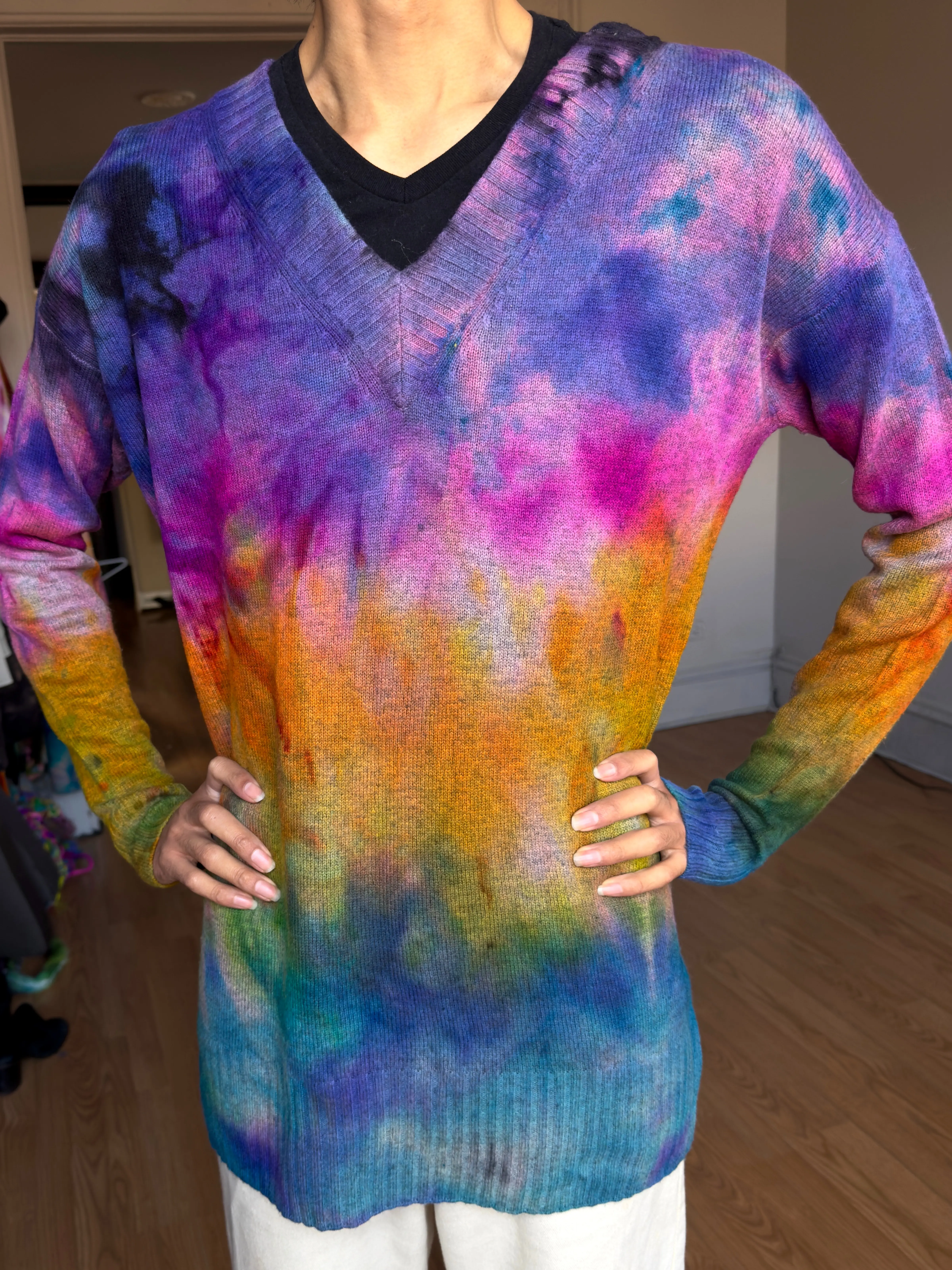 XS-M Women's Wool Cashmere Knitwear Sweater V Neck Pullover Rainbow Tops Long Sleeve