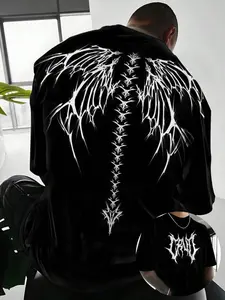 Men's T-Shirt with Wing & Vertebra Print, Dark Gothic Style Tee for Daily Wear & Streetwear Parties, Cool & Unique Design