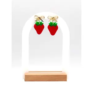 Strawberry Earrings: Handmade Polymer Clay Berry Dangles with Gold Bows