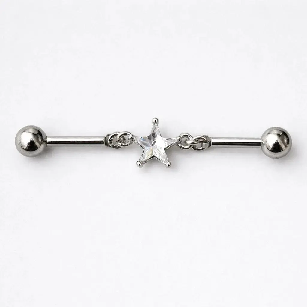 Star Chain Industrial Barbell 14G CZ Scaffold Ear Piercing 316L Stainless Steel