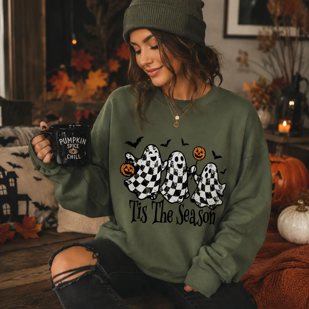 Tis The Season Ghost Halloween Sweatshirt, Buffalo Plaid Ghost Crewneck, Cute Ghost Halloween Shirt, Pumpkin Ghost Sweatshirt, Spooky Season Fall Tee, Halloween Gift for Her, Cozy Autumn Pullover -DPCLICK