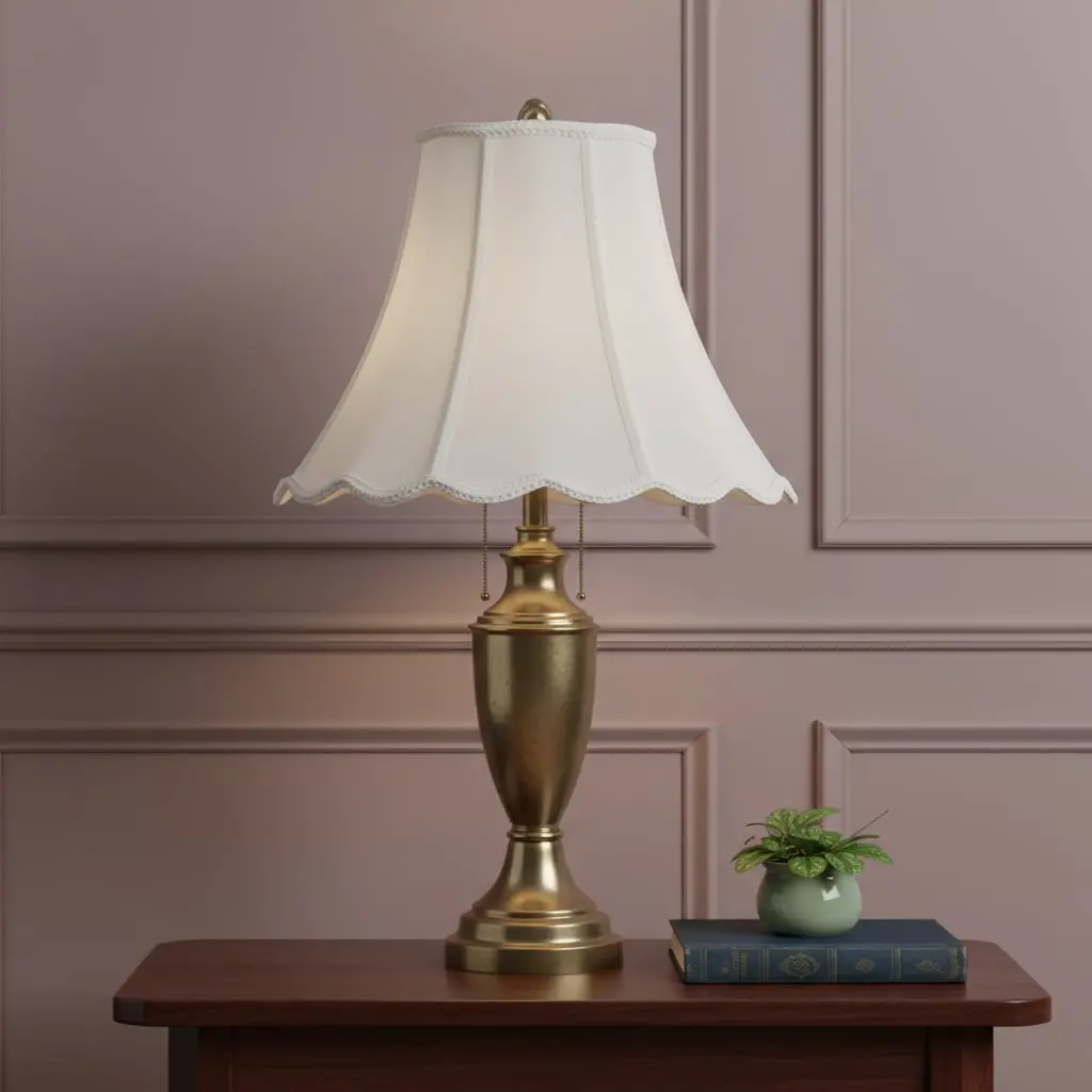 HomeRoots Traditional White Linen Bell Lamp Cover & Shade - Piped Detailing, Spider Fitter, 8.5x18x14 in, Light-Diffusing Lighting Accessory for Standard Lamps, Bedroom