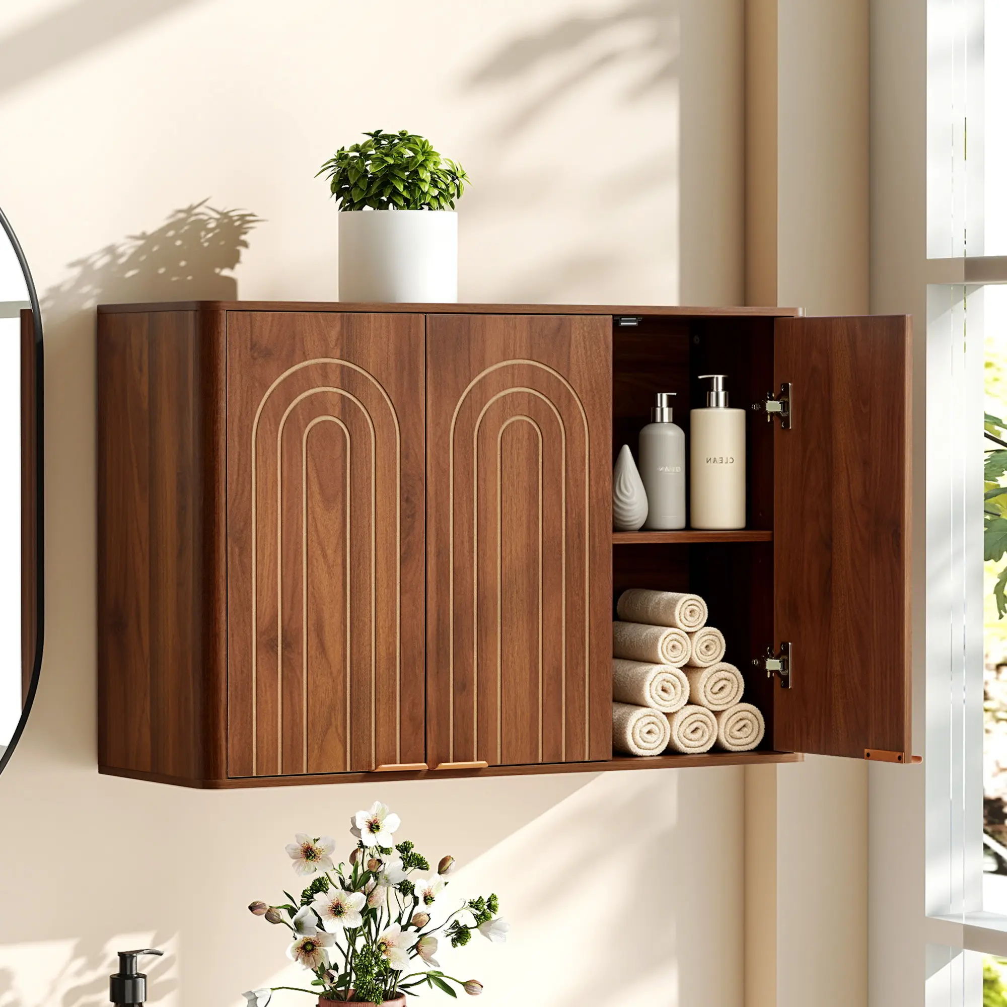 Giratree 35.4" Wall Mounted Medicine Cabinet, Wooden Bathroom Wall Cabinet with 3 Doors, Adjustable Shelves, Soft-Close Hinges, Decorative Panel Doors, Over Toilet Storage Cabinet