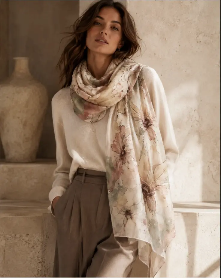 Beige Multi-Color Lightweight Printed Scarf – 34x71in Polyester Head, Neck & Waist Wrap