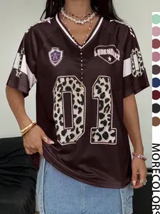 Y2K Retro Style Legendary 01/10 Leopard Print Jersey Top, Loose-Fit V-Neck Sporty T-Shirt, Hip-Hop Gym Streetwear Fashion