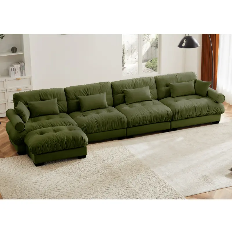 Olive Green Modern L-Shaped Sectional Cloud Sofa - 4-Seater Modular Convertible Durable Deep Couch with Sponge-Cotton Cushions, Round Blustered Armrests, Wood Frame, Waist & Throw Pillows, Vacuumed Packed for Living Room, Reading Books, 36.61 * 21.65 * 7.