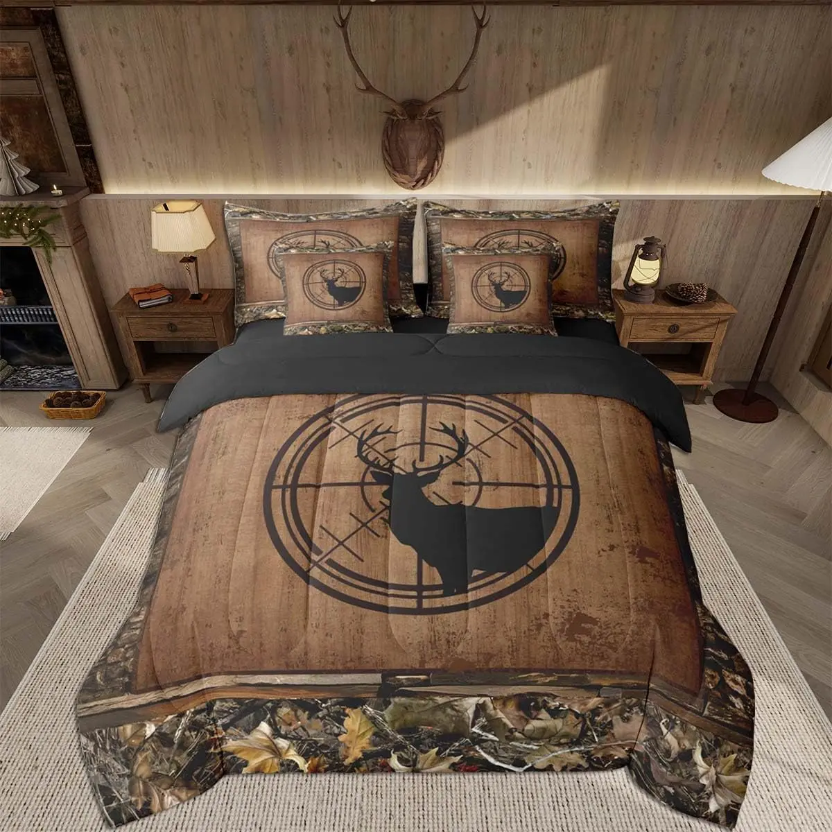 Deer Comforter Set 7 Pieces Deer Hunting Bedding Set Cabin Farmhouse Bed in a Bag with Comforter,Sheets,Pillowcases,Cushion Covers RusticWild Animal Leaves Quilted