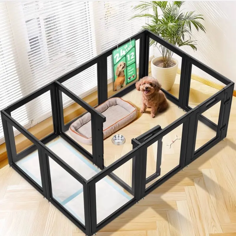 Clear Acrylic Indoor Dog Playpen - 24" High 12-Panel Pet Exercise Pen, Modern Transparent Puppy Fence with Black Connectors, Safe No-Climb Design for Small Animals