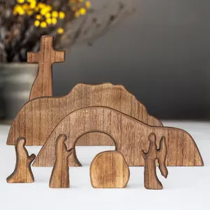 Empty Tomb Easter Scene and Cross Decoration, Wooden Easter Resurrection Scene Cross Jesus Tomb Tray Set, Jesus Nativity Scene Decor for Religious Home Office Tabletop Christian Gifts, Wooden Cross Decorations