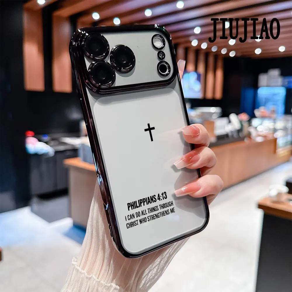 Luxury Customized Soft TPU Silicone iPhone Case - Shockproof, Anti-Fingerprint, Crystal Transparent Electroplated Cover with Philippians 4:13 & Cross Pattern, All-Inclusive Camera Lens Protection for 11-17 Pro, 15 Plus, iPhone 11 Pro Max, Accessories, Iph