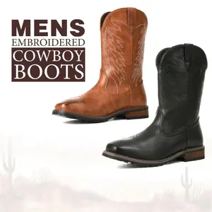 CYNLLIO Men's Cowboy Boots Closed Square Toe Elegant Embroidered Wide Calf Chunky Block Heel Pull on Western Mid Calf Country Cowboys Dance Christmas  Boots