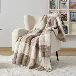 Luxury Sherpa Throw Blanket for Couch Beds and Living Rooms, Buffalo Plaid Super Cozy  Reversible Thick Blanket, Khaki and White Checkered, 60" x 80"