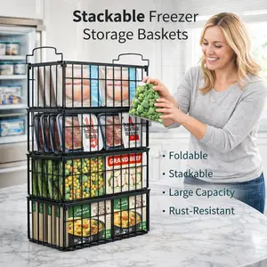 StowCraft Upgraded Freezer Organizer Bins 4 Pack MAX Capacity Stackable Baskets for 5/7 Cu.FT Deep Freezers Sturdy Rust-Proof Metal Large Size 15.1"x8"x7" Airflow-Friendly Cooling