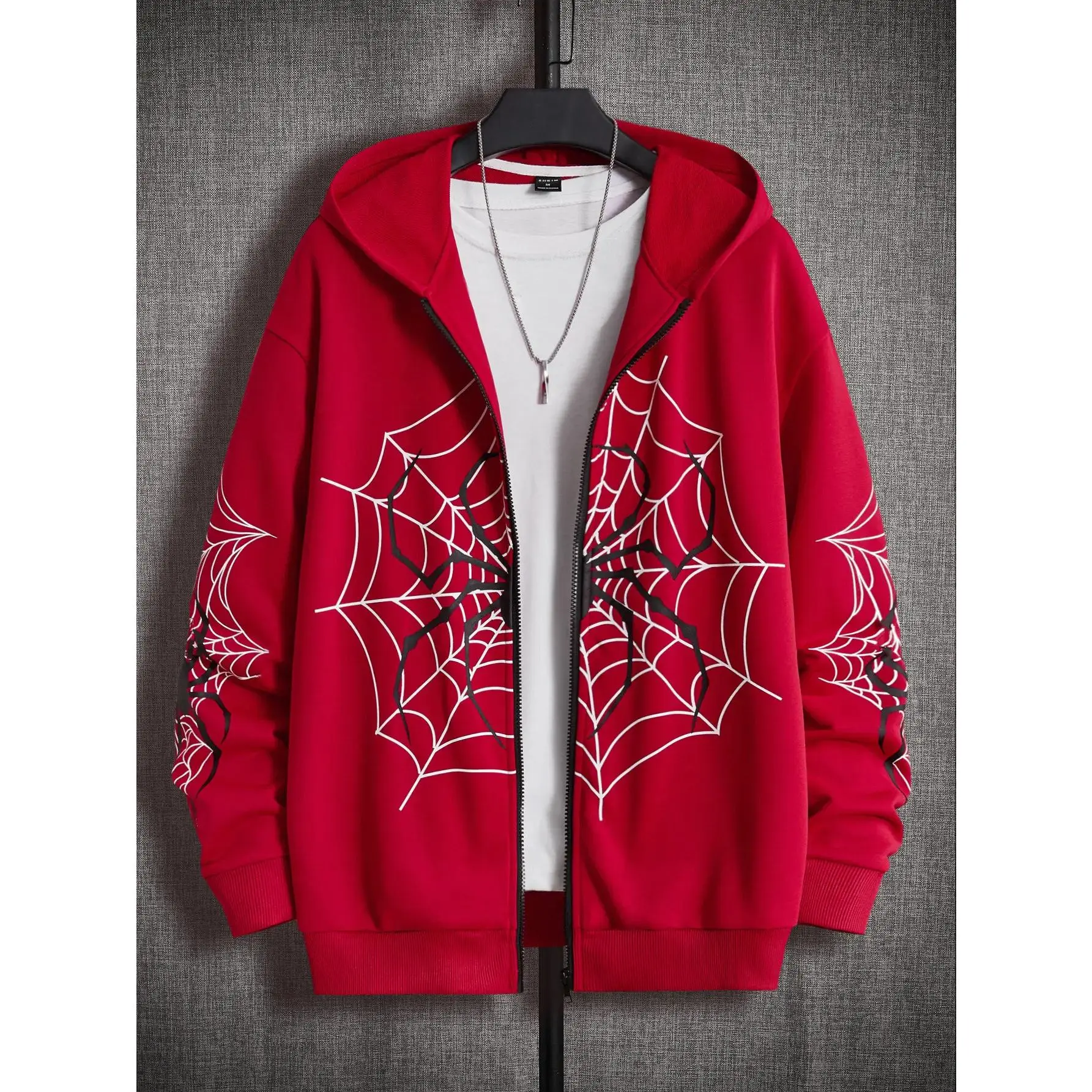 TikTokShopBacktoSchool Zip Up Graphic Spiderweb Print Long Sleeve Goth Hoodie Sweatshirt Jacket