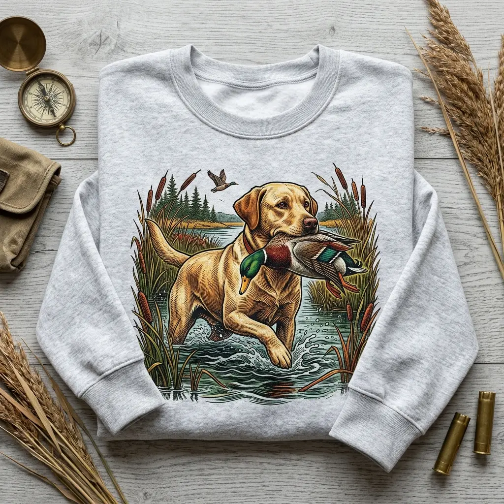 Women's Pullover Sweatshirt, Unisex Yellow Lab Duck-Retrieving Print, Gildan 1800 Cotton Fabric