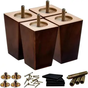 5 Inch Square Rubberwood Furniture Legs Sofa Feet Replacement (Pack of 4) with 5/16" & M8 Bolts for Mid-Century Dresser, Ottoman, Recliner, MCM Couch Repair