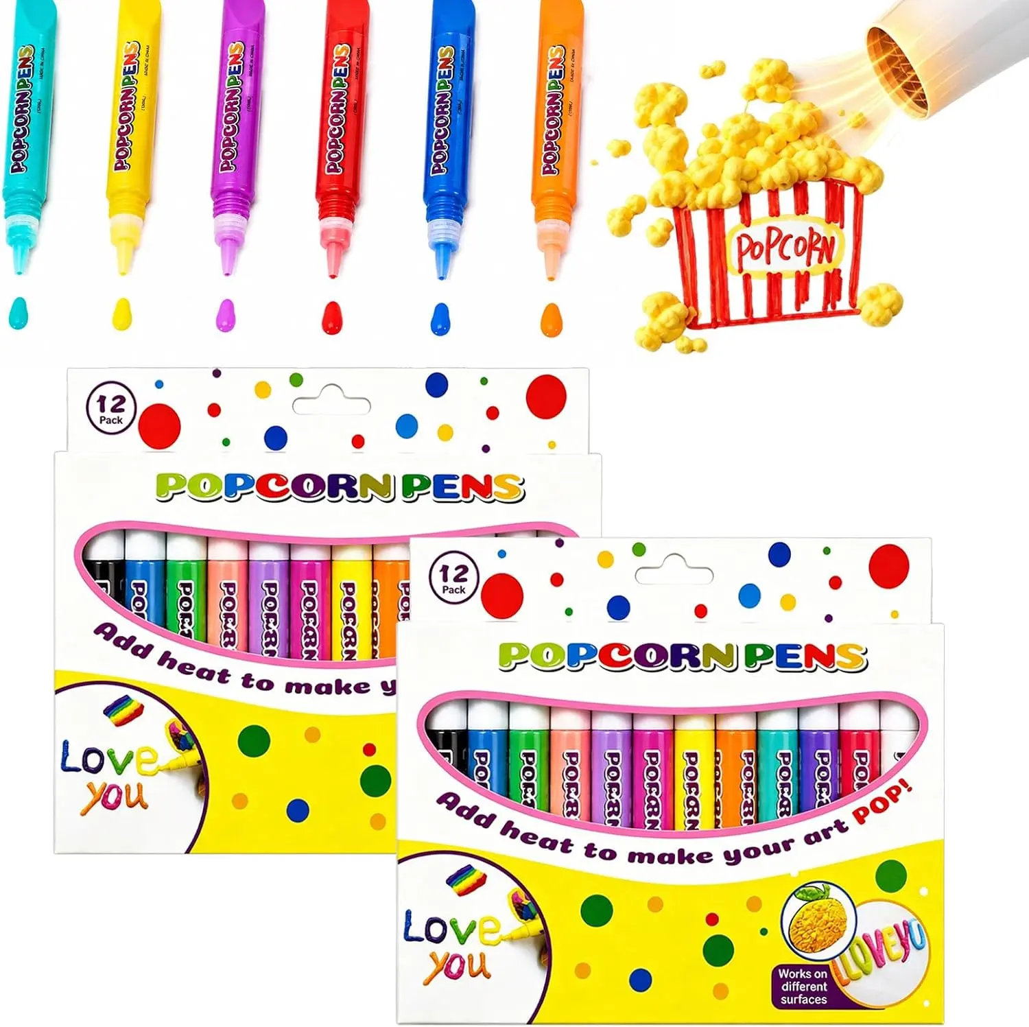 12pcs Colorful Pack 3D Magic Popcorn Pen DIY Kit - Creative Fun Puff Effect Art Markers for Kids, Office Stationery Craft Supplies for School Projects & Handmade Gifts