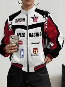 Street Life Racing Element Letter Print Contrast Color Drop Shoulder Flight Long Sleeve Jacket, Fall & Winter, Unisex Vintage Style