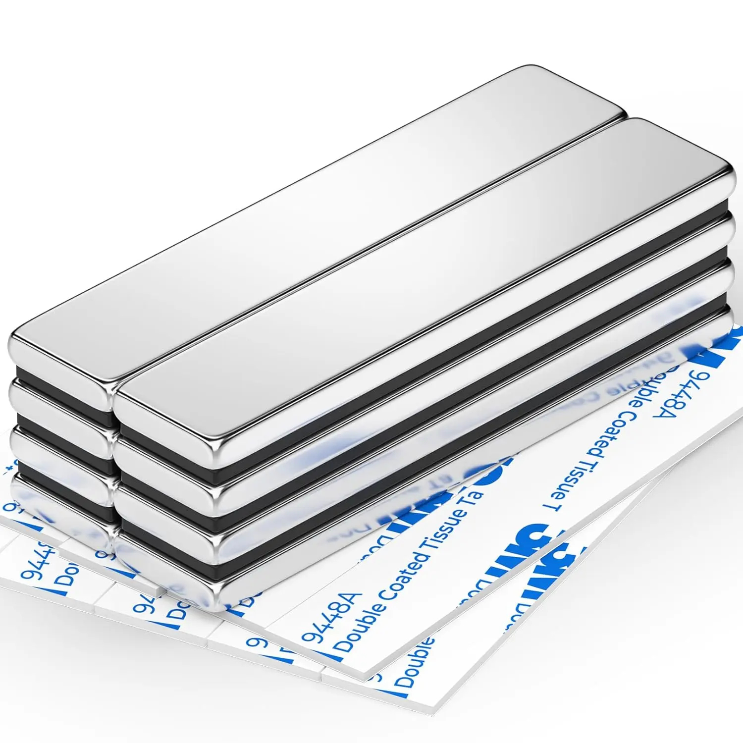 Strong Neodymium Bar Magnets, Rare Earth Bar Magnet with Adhesive Backing, Strong Magnetic Bars Heavy Duty for Science Classroom, Shower Doors, Curtains, Tool Boxes, 60x10x3mm, 8 Pack, Silver
