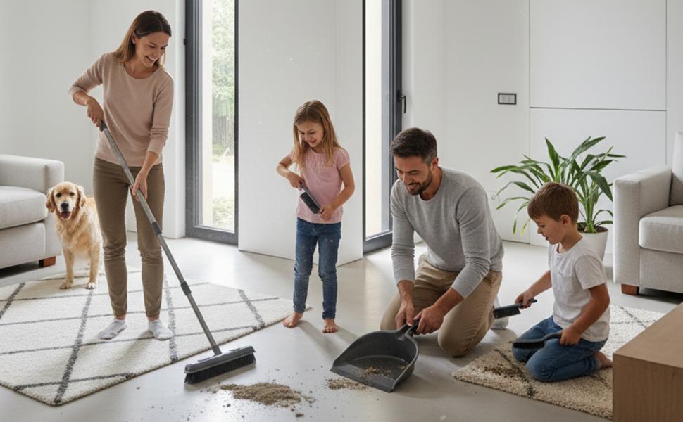 Stainless Steel Household Broom & Carpet Rake Combo Set - 50" Adjustable Comfortable Handle, Removable & Washable, Handheld Cleaning Brush, Scratch-Free Wipe Squeegee, Pet Hair Lint Remover, Grey Dustpan (CT2504GY) for Rugs, Hardwood Floors, Natural Rubbe