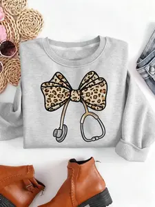 Cute Nurse Sweatshirt with Stethoscope and Butterfly Pattern, Medical Staff Gift Round Neck Pullover, Women's Fall & Winter Casual Style Wear