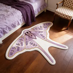 Vintage Lavender Moth Rug, Dreamy Butterfly Carpet, Soft Comfortable French Country Floral Home Decor, Living Room Bedroom Mat