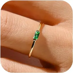 Gold Birthstone Rings for Women Non Tarnish Gold Stackable Ring Dainty 14K Gold Plated Baguette CZ Emerald Green Gemstone Ring Personalized Jewelry Gift for Birthday Size 4-10