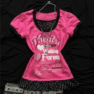 American Vintage Sweet Spice Short Sleeve Letter Print Slim Fit Millennium Medieval Shibuya Harajuku y2k Polka Dot T-Shirt Top Womenswear Casual