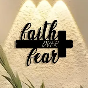 1 "Faith Overcomes Fear" Cross Metal Sign - Retro Iron Wall Decoration with Scriptures, Inspirational Decoration for Home, Office, Farmhouse - Removable and Reusable Retro Collection Gift