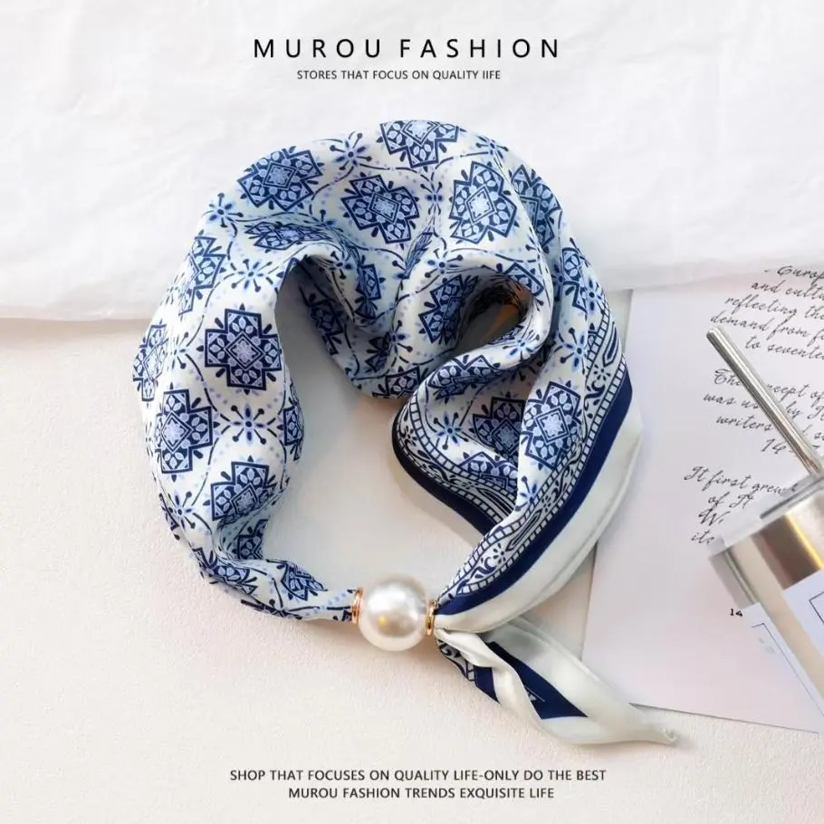 Elegant Pearl Tail Magnetic Clasp Scarf 2025 Summer New Versatile Breathable Fashion Artistic Accessory Neck Wrap Scarves Gifts