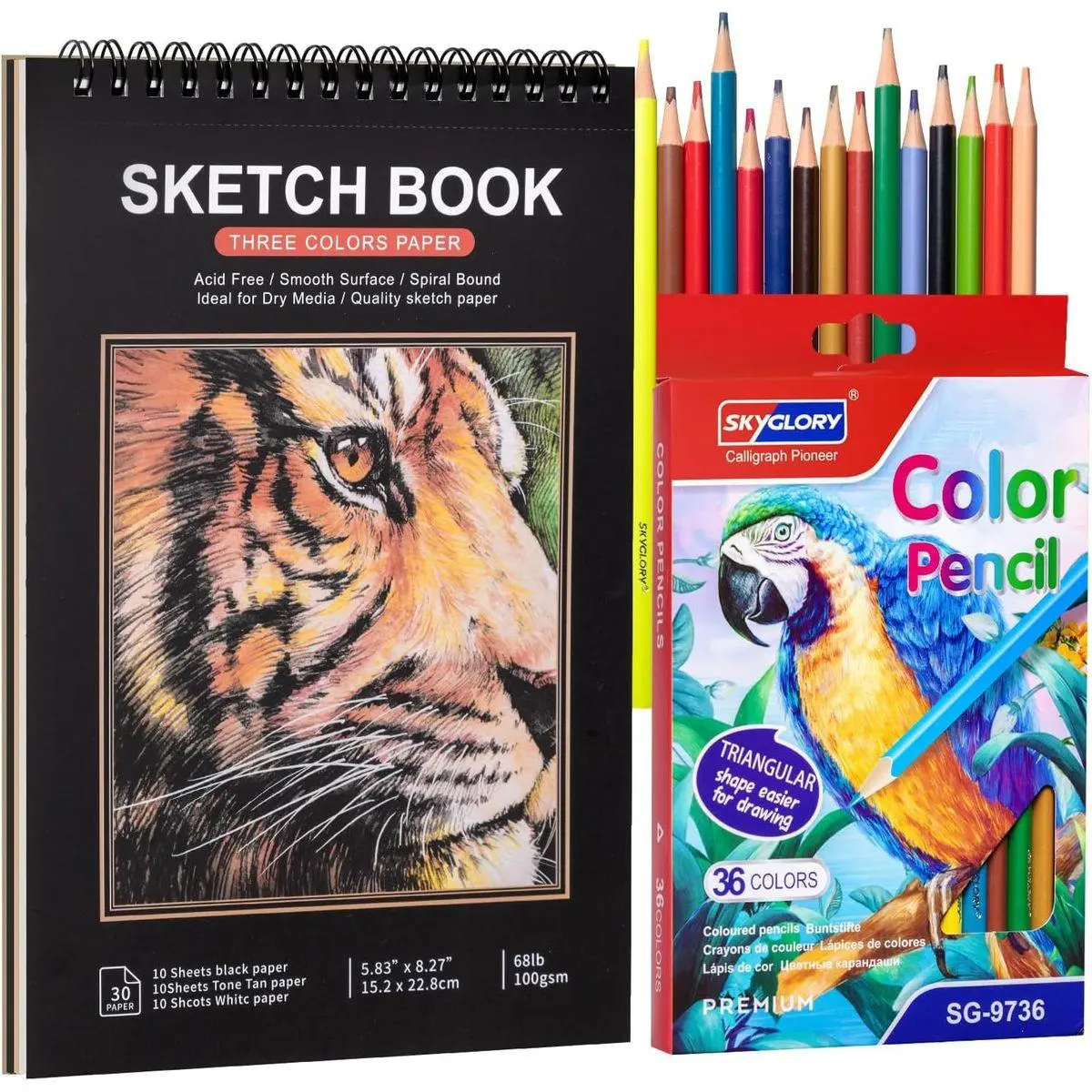 A5 Sketchbook Kit with 36 Colored Pencils, Spiral Pad, 5.8 x 8.3 in | 30 sheets, 100gsm acid-free paper, hardcover backing, perforated pages, for sketching and dry media