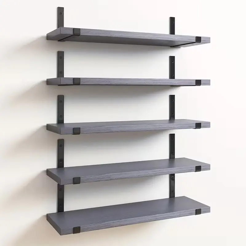Rustic Wood 5-Piece Rectangular Floating Wall Shelves (4.7x15.8in) - Farmhouse Decor, Wall Attachable Shelving & Storage Ledges, Wood Board Shelving & Storage Organizers for Bedroom, Living Room