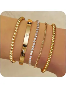 5Pcs  Gold Bracelets for Women 14k Real Gold Bangle Cuff Bracelet Set Stackable Bracelet Gold Plated Beaded Paperclip Cuban Chain Bracelet Cubic Zirconia Tennis Bracelet for Women Stack