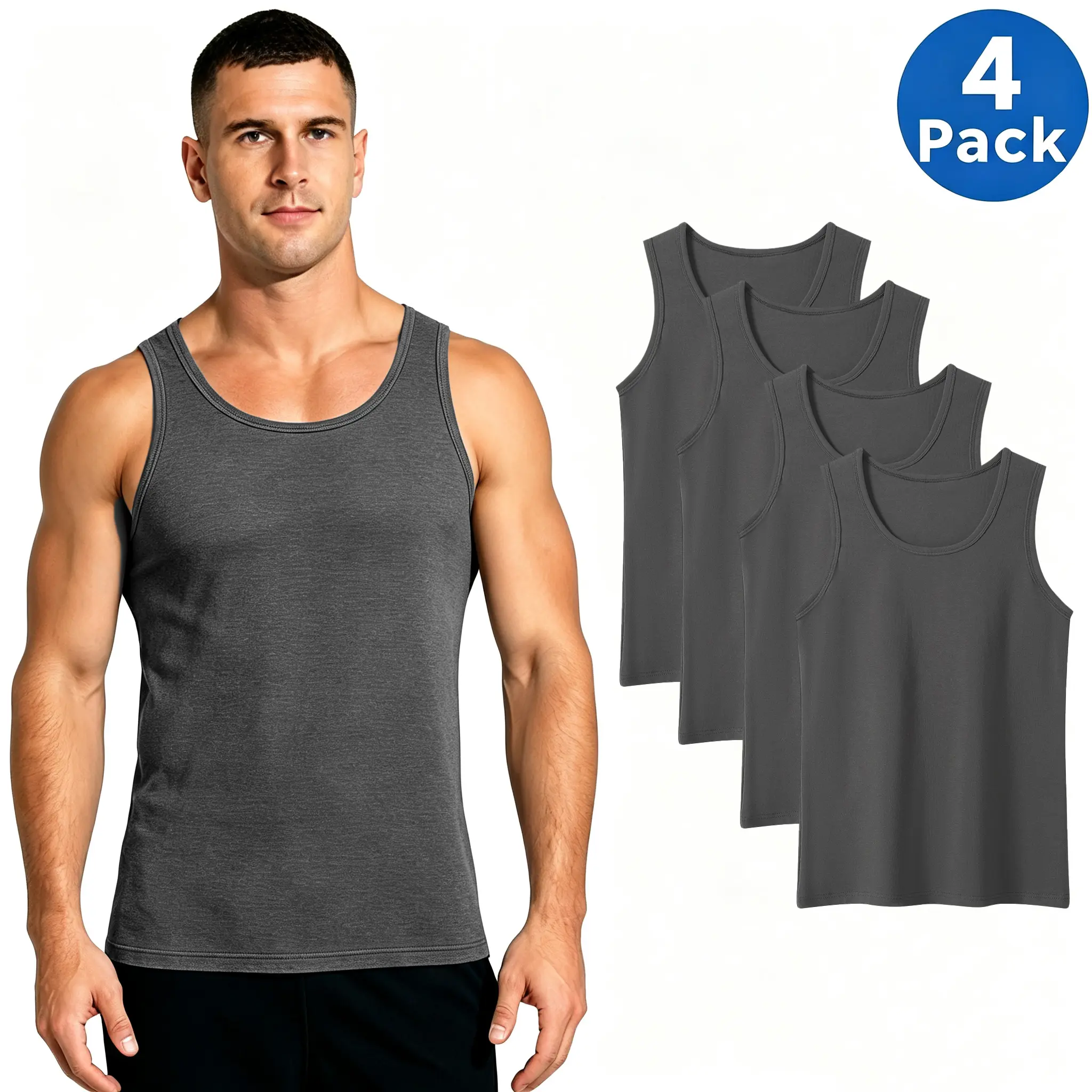 4-Pack Solid Color Men’s Sports Ribbed Tank Tops, Stretchy, Breathable, Slim-Fit Sleeveless Shirts, Moisture-Wicking Solid Base Layers for Gym Training, Slim-Fit Basic Style | Base Layer / Fitness / Loungewear | Summer