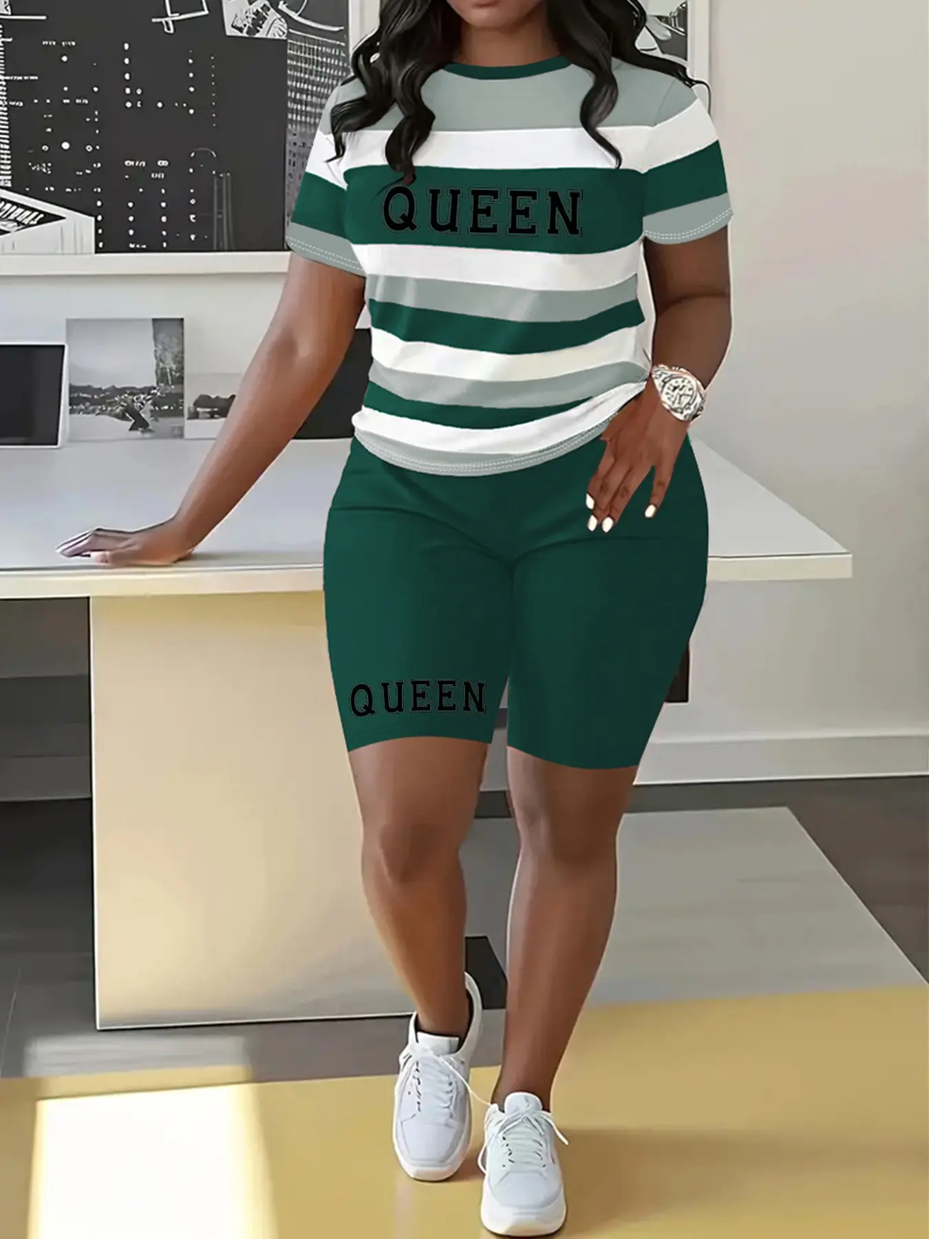Letter Printed Striped Casual Short Sleeve Round Neck Two-Piece Set, Matching Clothing Set, Spring Summer Fitted Shorts and Top for All Seasons Womenswear, Matching Set Outfit, Casual Fashion Set, Outfits Set