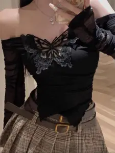 Women's Butterfly Embroidery Contrast Lace Sheer Top, Romantic Asymmetrical Off Shoulder Long Sleeve Top for Daily Wear Holiday Vacation, Ladies Clothes for All Seasons