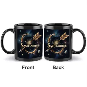 1pc 11oz "Sagittarius Zodiac Ceramic Mug, Golden Arrow Constellation Print Black Coffee Cup with Starry Sky Background，for Zodiac Sign Lovers,Hot & Cold Use,Perfect for Outdoor camping Coffee Cups & Mugs,Birthday,Holiday,Christmas,New Year Gifts