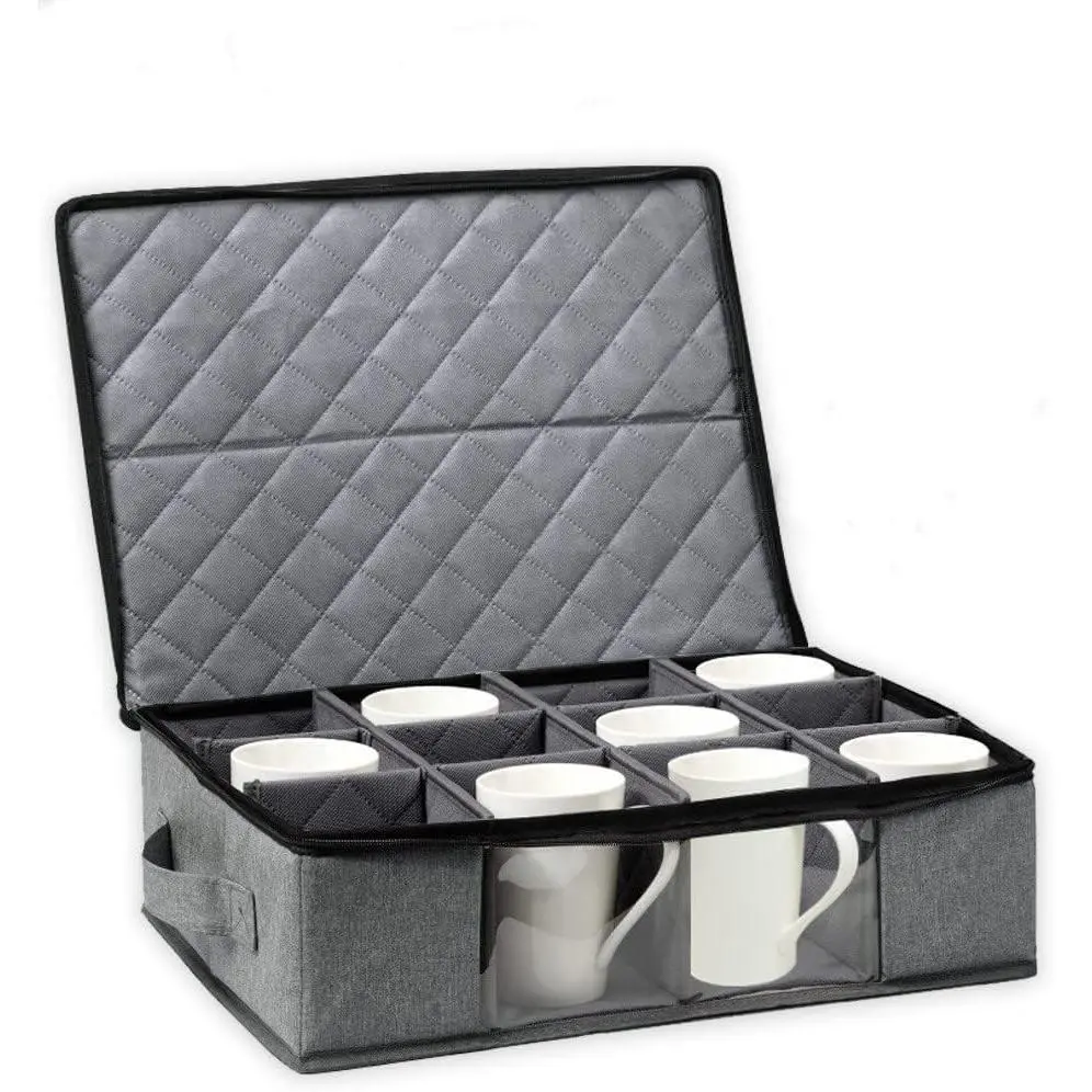 Coffee Cup Storage Box, Storage Containers Holds 12 Glassware, Coffee Mugs and  Cups, Padded Dinnerware Case with Dividers, Handles, Zipper & Lid, Stackable Holders for Plate, Cup, Flatware