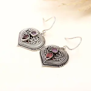 925 Sterling Silver Garnet & Amethyst Vintage Heart Dangle Earrings