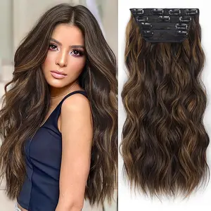 Missqueen Beauty Clip in Hair Extensions for Women Long Wavy Synthetic Hairpieces Brown Highlight Hair Extension 20 Inch Natural Thick Hairpieces