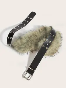 Women's Punk Style Faux Fur Belt, Asymmetric Design Patchwork Waist Accessory, All-Season Fashionable Leather Belts for Women, Trendy Belt