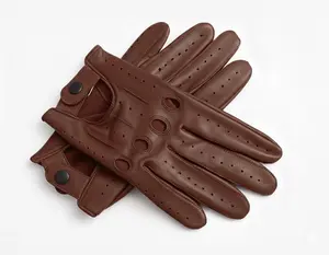 BROWN - Men’s Genuine Leather Driving Gloves with Classic Knuckle Holes and Secure Wrist Button