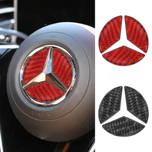 1Pcs 49mm Carbon Fiber Black/Red For Mercedes Benz Car Interior Steering Wheel Emblem Badge Logo Lid Cover Sticker Modification Auto Accessories