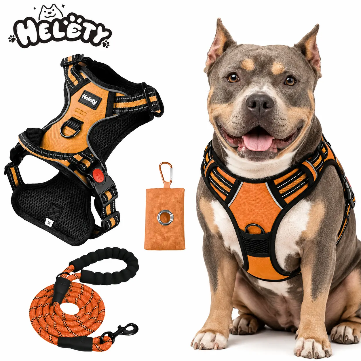Helety No Pull No Choke  Harness — Orange Tactical Training Vest with Front & Back D-Rings, 3-Sec Quick Fit, Reflective Safety Walk Set with Rope Leash & Poop Bag security safe outdoor free puppy catharness Heavy Duty Tactical  Collar retractable dog