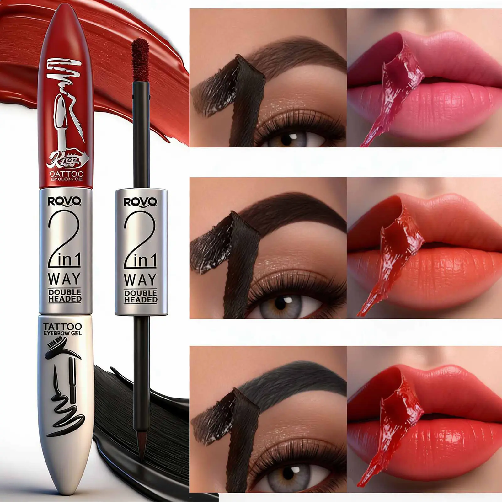 Double Headed 2 in 1 Tattoo Glossy Lip Gloss & Eyebrow Gel, Easy to Apply Peel Off Formula, Creates Natural Eyebrow Shape & Lip Color for All Makeup Looks Cosmetic
