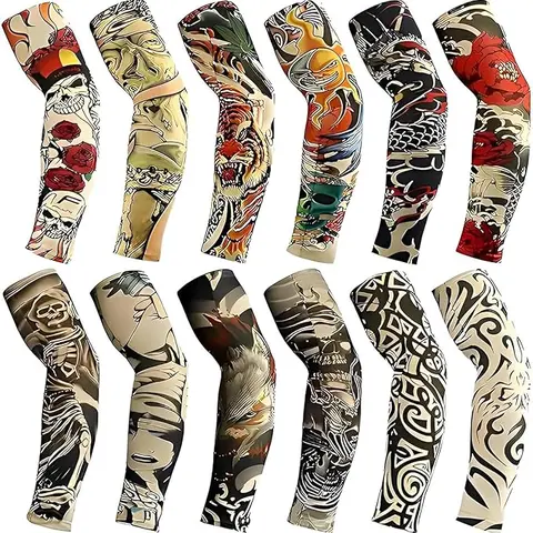 Tattoo Sleeves for Men, 12Pcs Arm Sleeves Fake Tattoos Sleeves to Cover Arms Cooling Sun Protection Sleeves, Tattoo Sleeves Set Fake Arm Sleeves Cover Realistic Soft Elasticity Arm Protection